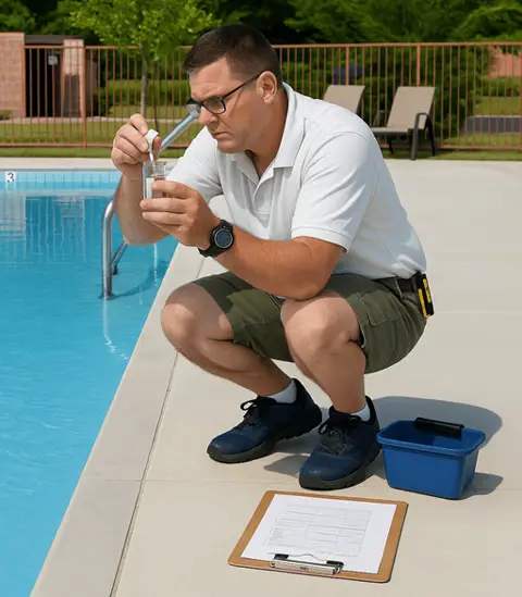 Pisciniste posant un liner et installant le local technique d'une piscine