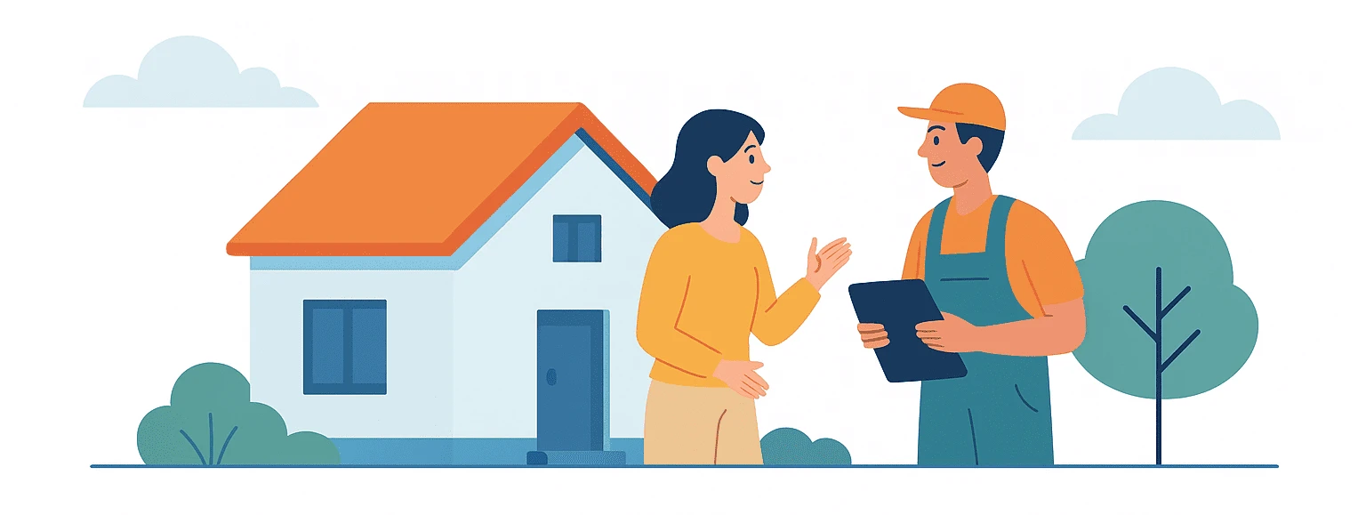 Illustration artisan et client devant maison